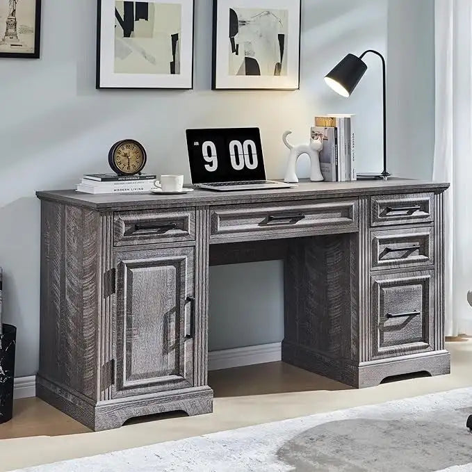 58 Large Computer Desk with Drawers, Embossed Texture Office Desk