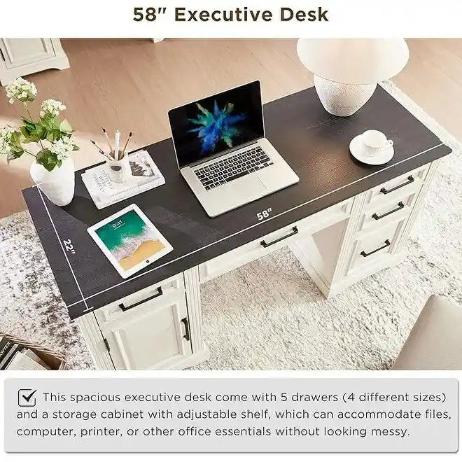 58 Large Computer Desk with Drawers, Embossed Texture Office Desk