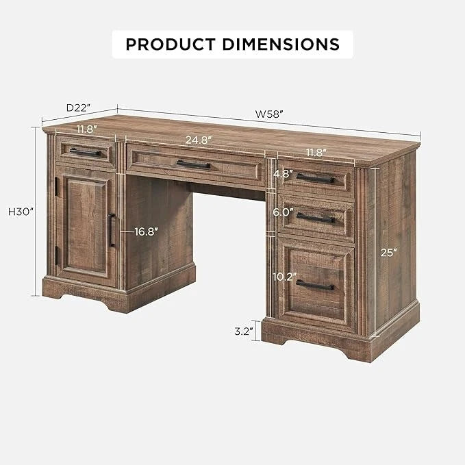 58 Large Computer Desk with Drawers, Embossed Texture Office Desk