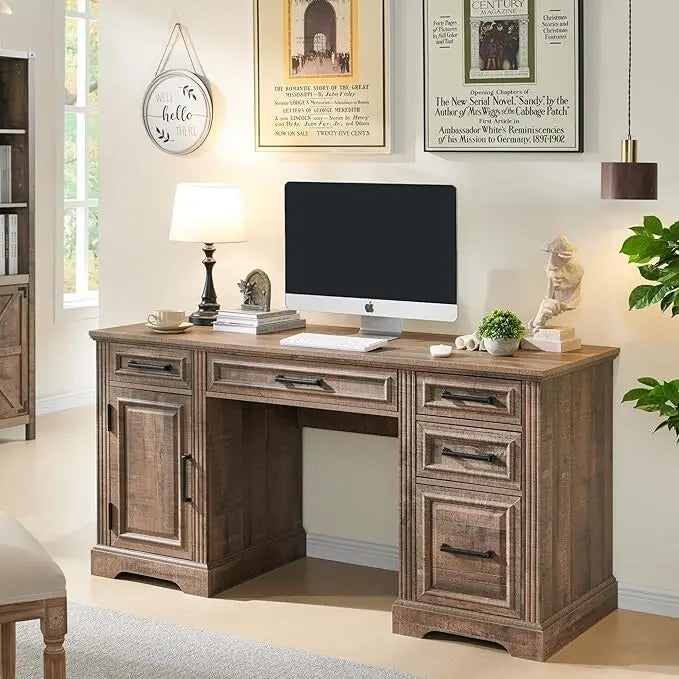 58 Large Computer Desk with Drawers, Embossed Texture Office Desk