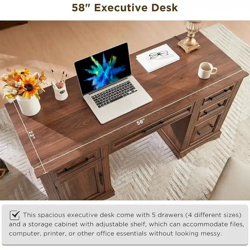 58 Large Computer Desk with Drawers, Embossed Texture Office Desk