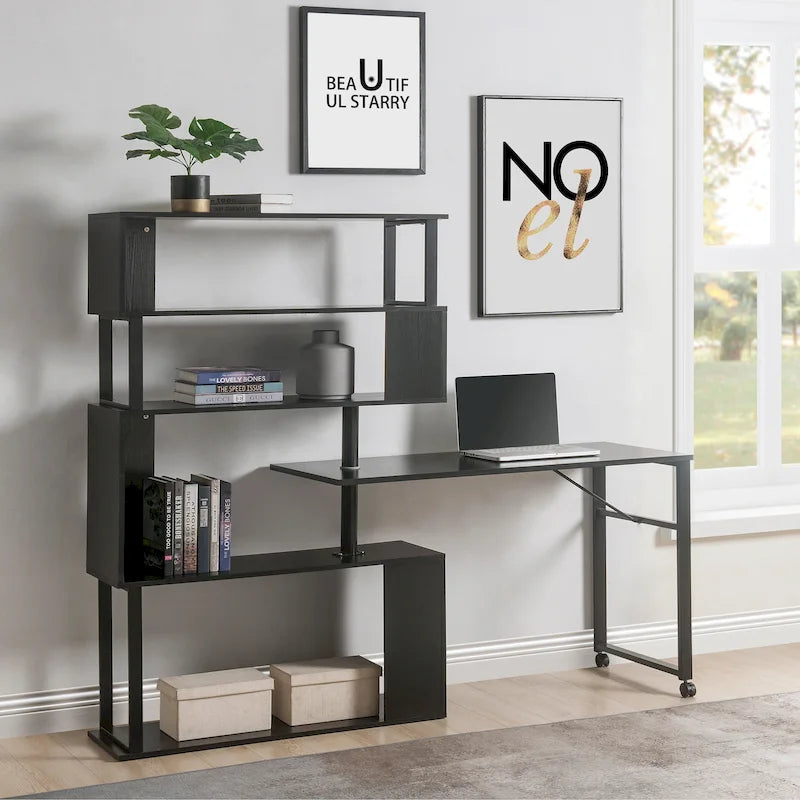 Secretária de Computador para Escritório em Casa em Forma de L, Mesa de Canto, Mesa de Computador Rotativa com Estante de 5 Níveis