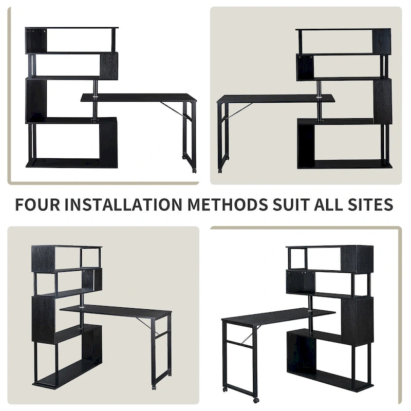 Home Office Computer Desk L-Shaped Corner Table, Rotating Computer Table with 5-Tier Bookshelf