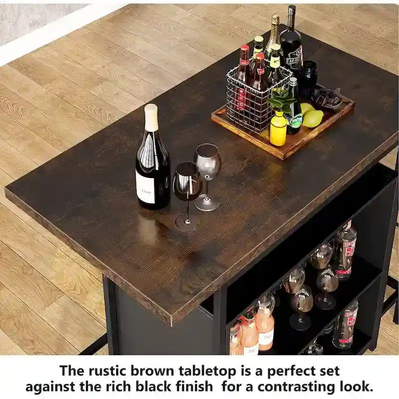 Home Bar Unit 3-Tier Liquor Bar Table with Glasses Holder Wine Storage