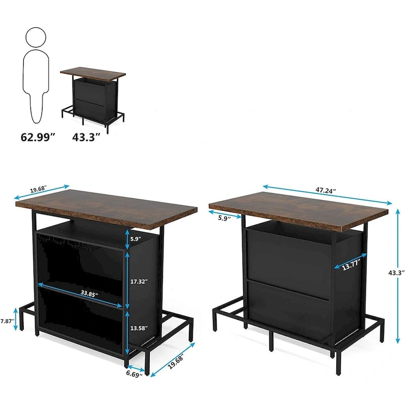 Home Bar Unit 3-Tier Liquor Bar Table with Glasses Holder Wine Storage