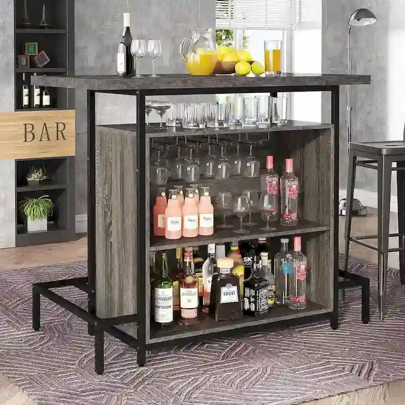 Home Bar Unit 3-Tier Liquor Bar Table with Glasses Holder Wine Storage