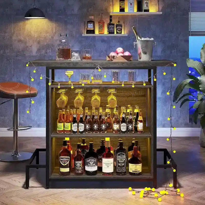Home Bar Unit 3-Tier Liquor Bar Table with Glasses Holder Wine Storage