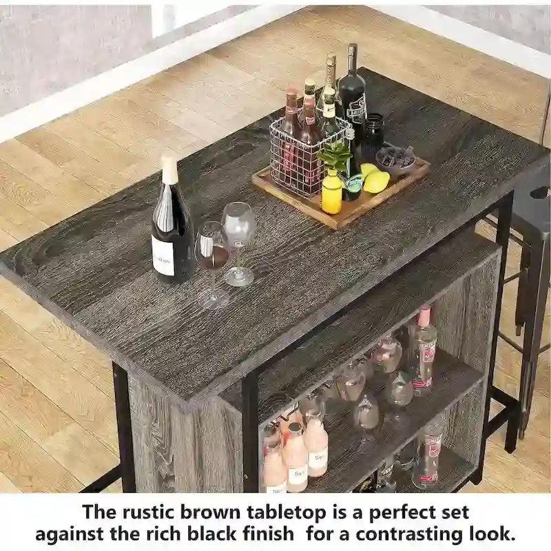 Home Bar Unit 3-Tier Liquor Bar Table with Glasses Holder Wine Storage