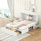 White Queen Size Mobile Murphy Bed with Drawer and Shelves