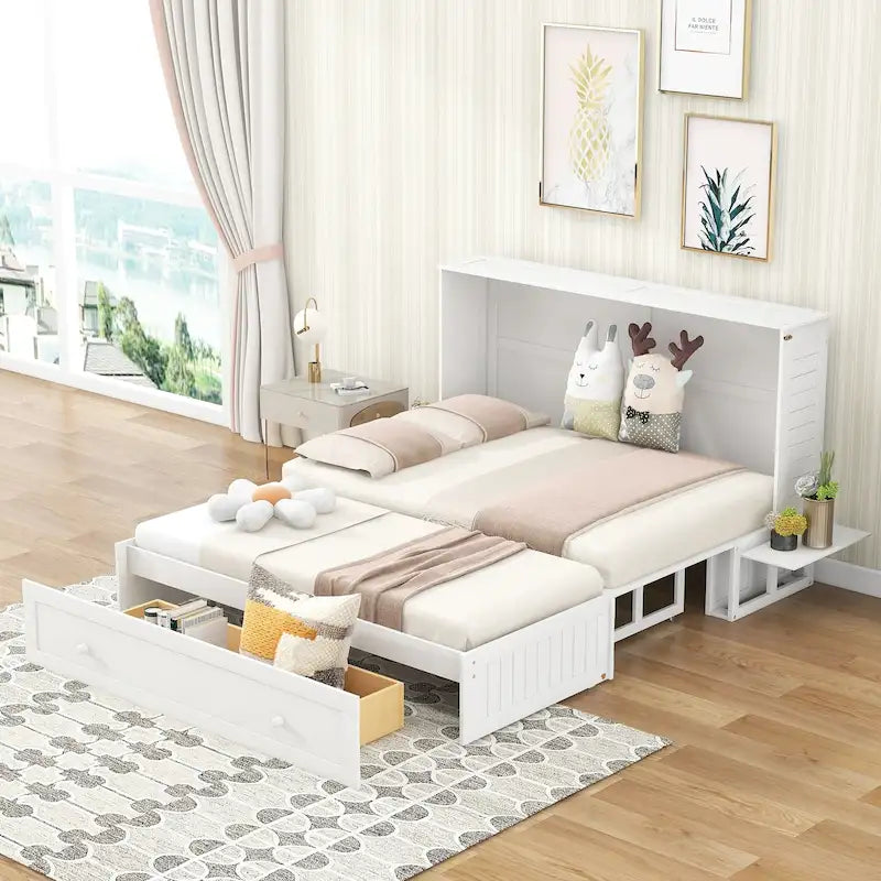 Nestfair White Queen Size Mobile Murphy Bed with Drawer and Shelves