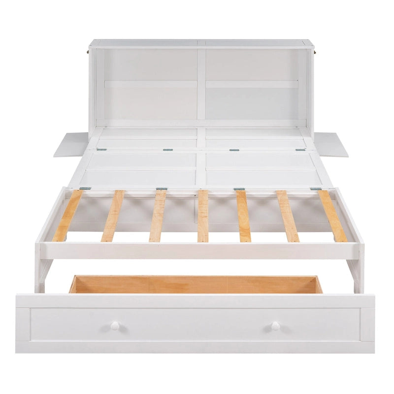 Nestfair White Queen Size Mobile Murphy Bed with Drawer and Shelves