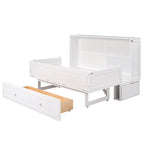 White Queen Size Mobile Murphy Bed with Drawer and Shelves