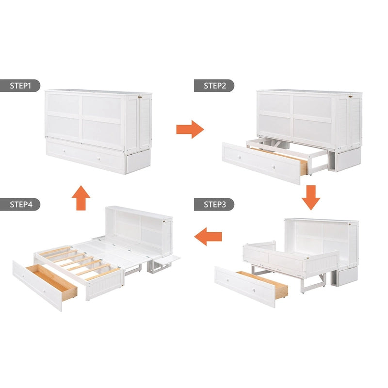 Nestfair White Queen Size Mobile Murphy Bed with Drawer and Shelves