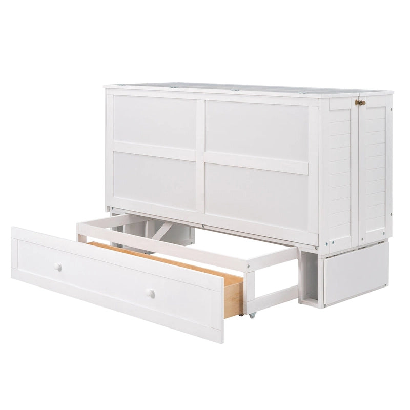 Nestfair White Queen Size Mobile Murphy Bed with Drawer and Shelves
