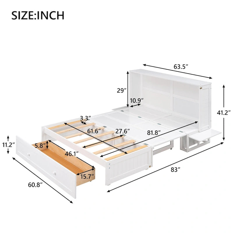 Nestfair White Queen Size Mobile Murphy Bed with Drawer and Shelves