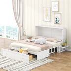 White Queen Size Mobile Murphy Bed with Drawer and Shelves