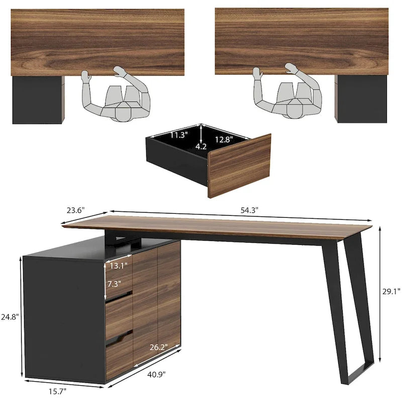 54.3 Home Office Computer Desk Corner Desk With Drawers and Cabinet