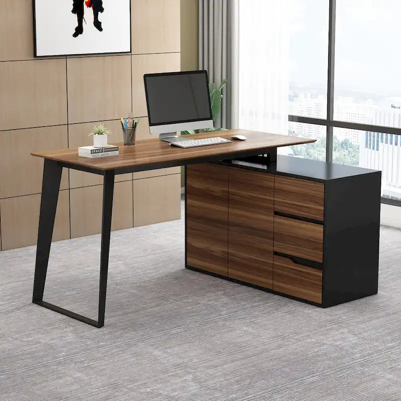 54.3 Home Office Computer Desk Corner Desk With Drawers and Cabinet