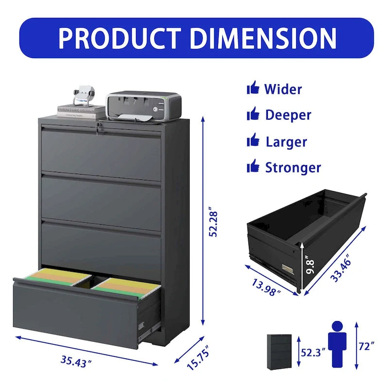 Lateral File Cabinet 4 Drawer,Filing Cabinet with Lock, Lockable File Cabinet, Locking Metal File Cabinet