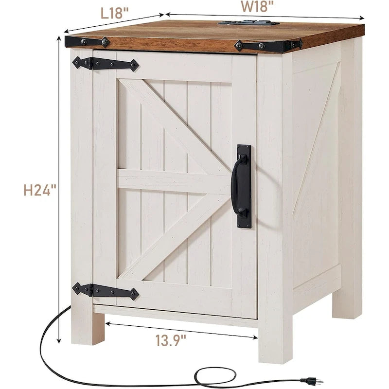 Farmhouse Wood Nightstand with Charging Station, End Table, Side Table