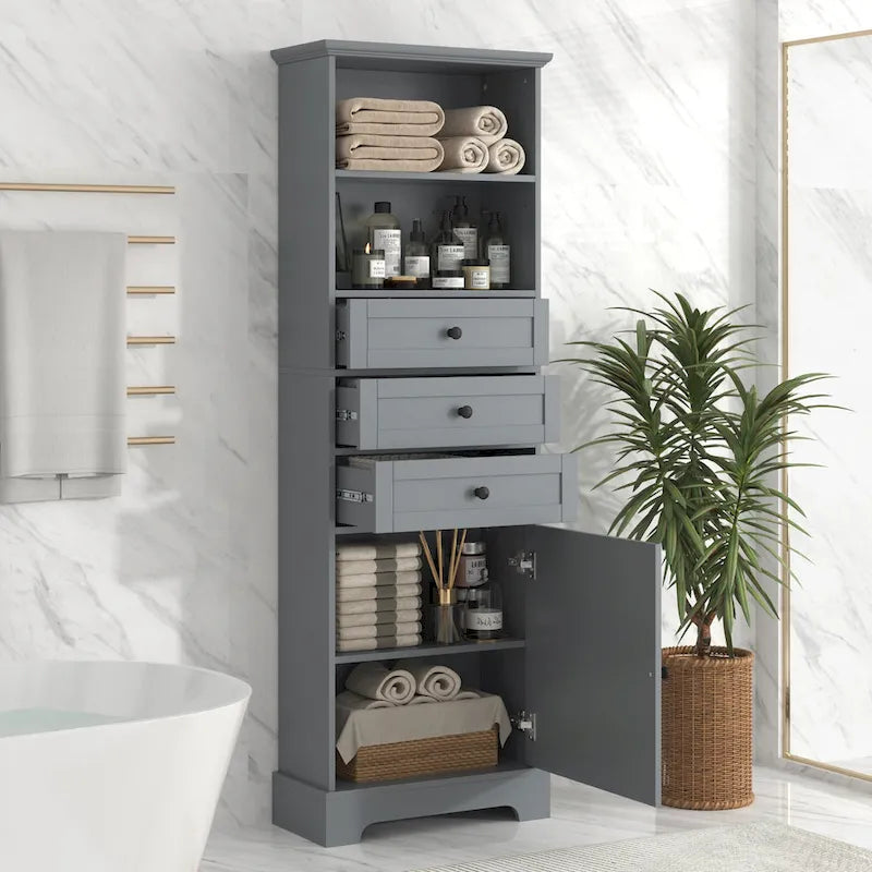 Merax Tall Storage Bathroom Cabinet with 3 Drawers and Adjustable Shelves