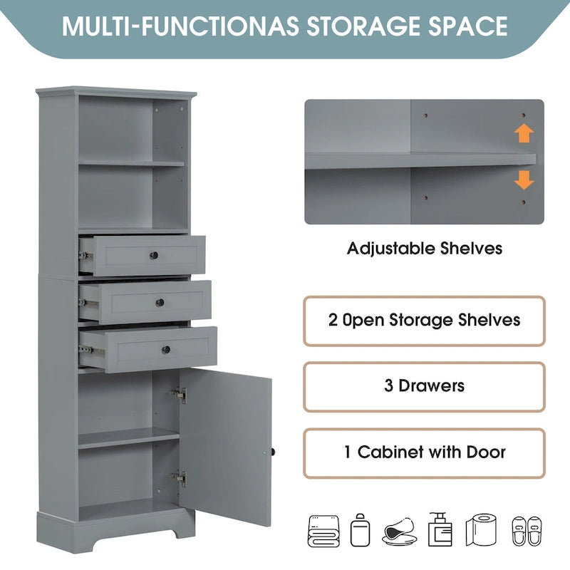 Merax Tall Storage Bathroom Cabinet with 3 Drawers and Adjustable Shelves