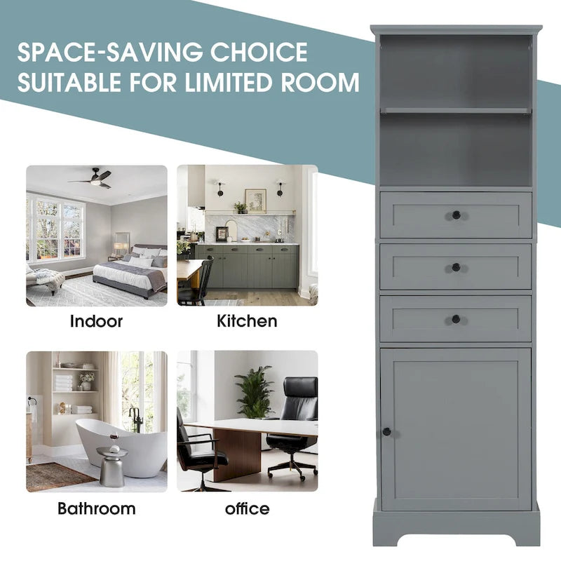 Merax Tall Storage Bathroom Cabinet with 3 Drawers and Adjustable Shelves