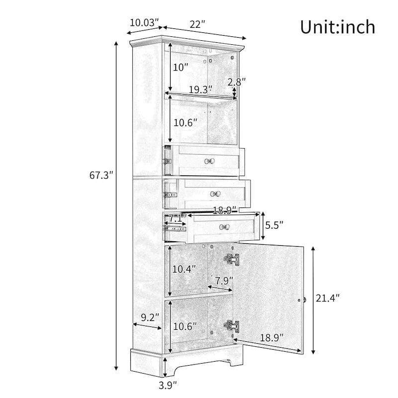 Merax Tall Storage Bathroom Cabinet with 3 Drawers and Adjustable Shelves