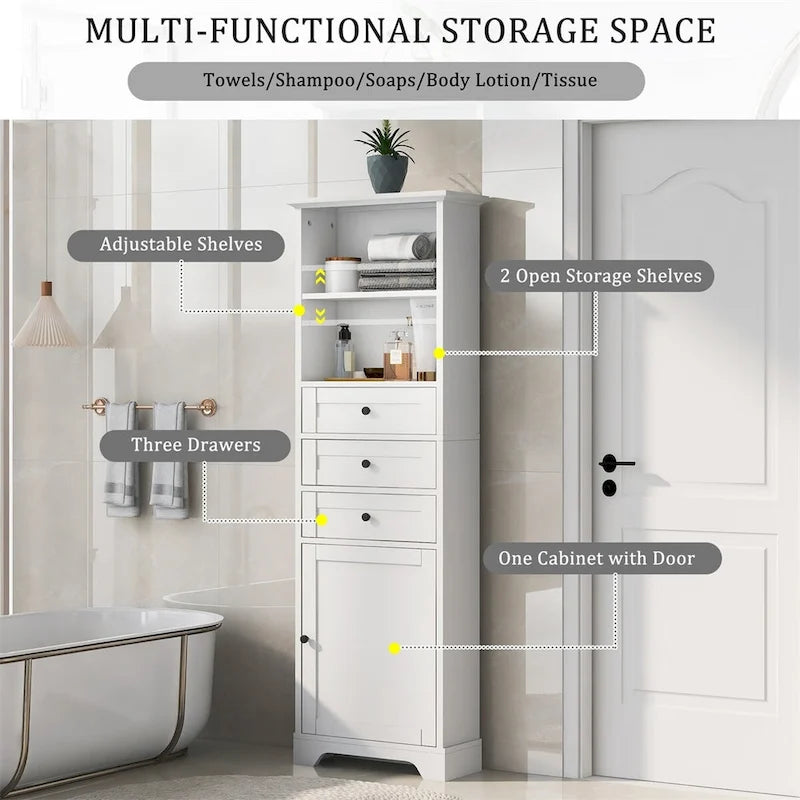 Merax Tall Storage Bathroom Cabinet with 3 Drawers and Adjustable Shelves