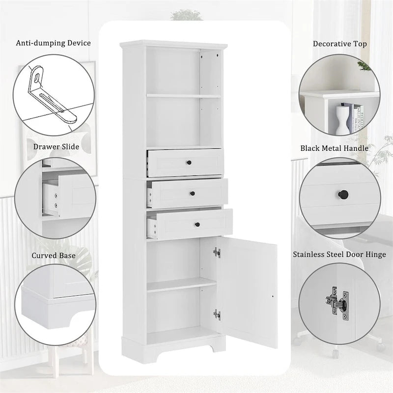 Merax Tall Storage Bathroom Cabinet with 3 Drawers and Adjustable Shelves