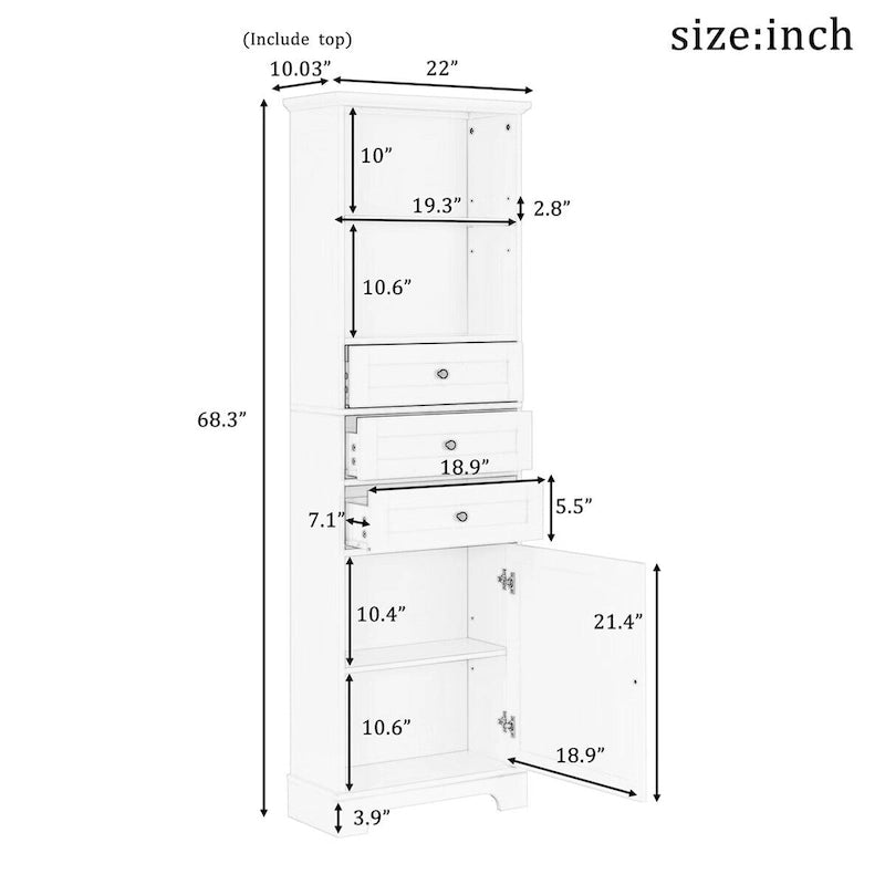 Merax Tall Storage Bathroom Cabinet with 3 Drawers and Adjustable Shelves
