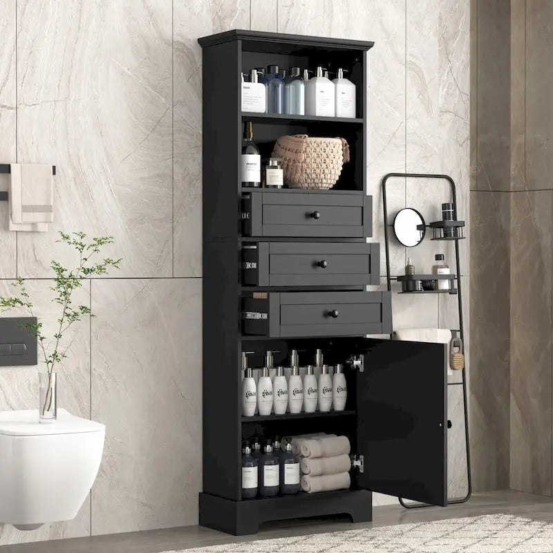 Merax Tall Storage Bathroom Cabinet with 3 Drawers and Adjustable Shelves