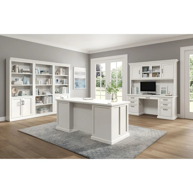 Modern Wood Desk, Office Writing Table, Credenza, Fully Assembled, White Finish