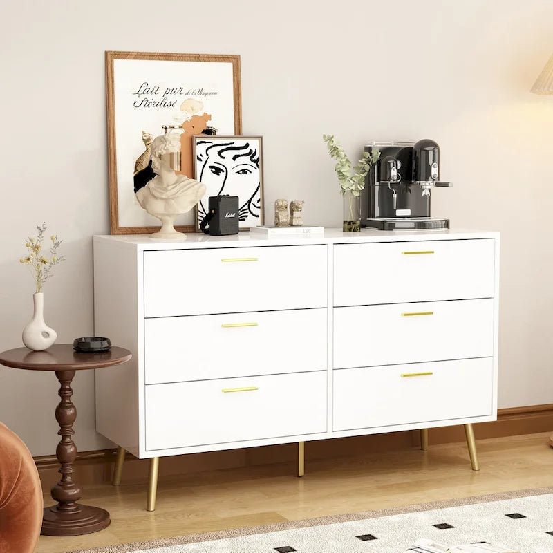 6-Drawer Double Dresser with Gold Accents Bedroom Storage Solution