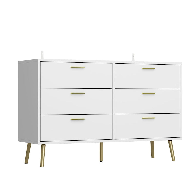 6-Drawer Double Dresser with Gold Accents Bedroom Storage Solution
