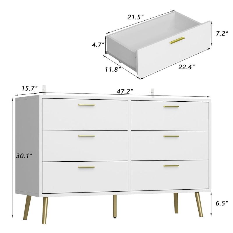 6-Drawer Double Dresser with Gold Accents Bedroom Storage Solution