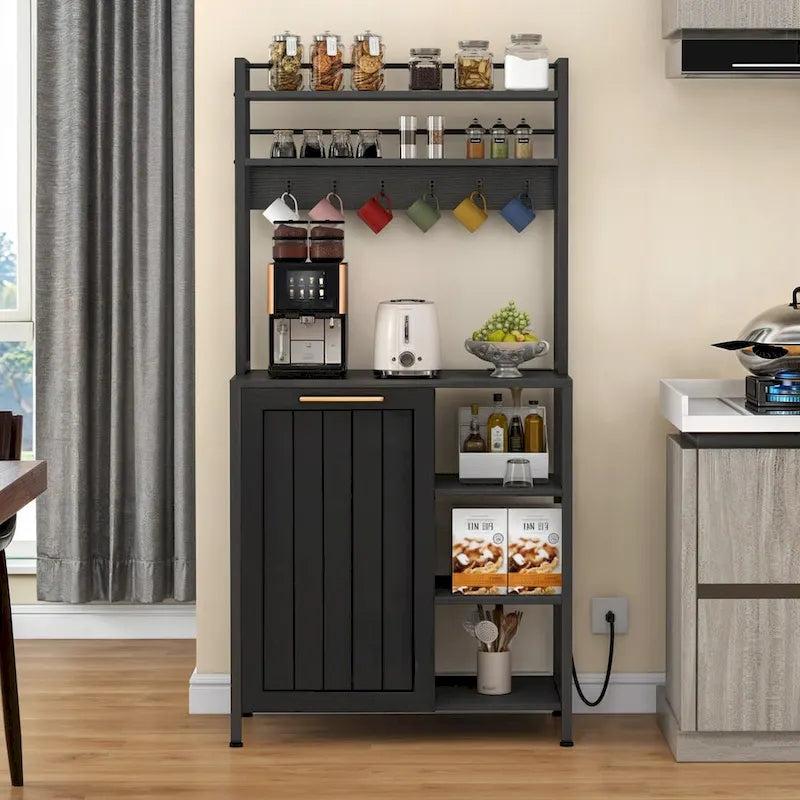 Moasis 6 Tier Kitchen Bakers Rack with Storage Shelves, Kitchen Organizer with Trash Can Bin Cabinet