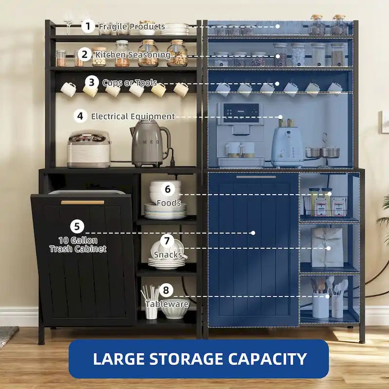 Moasis 6 Tier Kitchen Bakers Rack with Storage Shelves, Kitchen Organizer with Trash Can Bin Cabinet