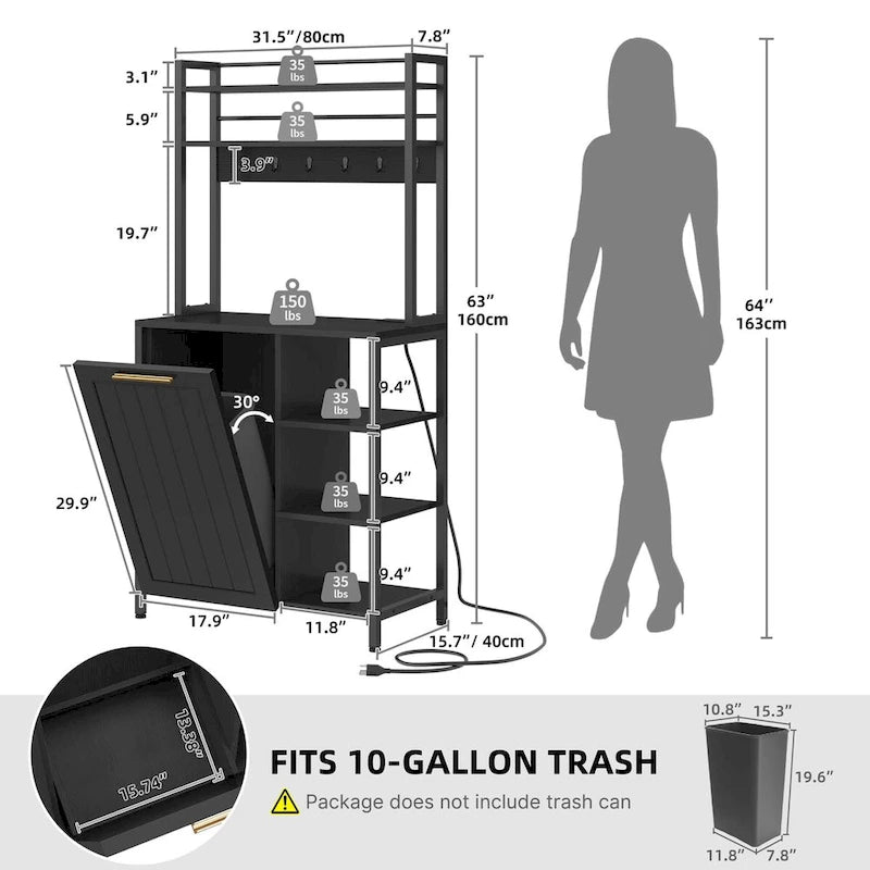 Moasis 6 Tier Kitchen Bakers Rack with Storage Shelves, Kitchen Organizer with Trash Can Bin Cabinet