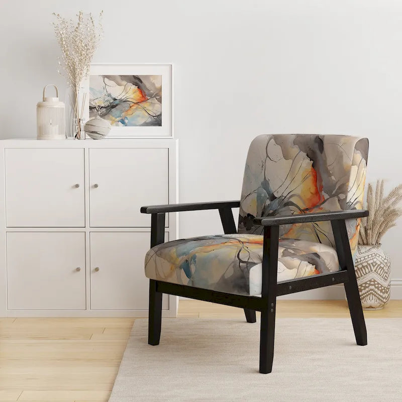 Designart Marble Serenity Colorful Gray Watercolor Waves I Upholstered Abstract Shapes Accent Chair and Modern Arm Chair