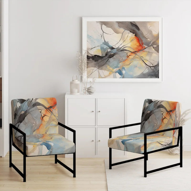 Designart Marble Serenity Colorful Gray Watercolor Waves I Upholstered Abstract Shapes Accent Chair and Modern Arm Chair