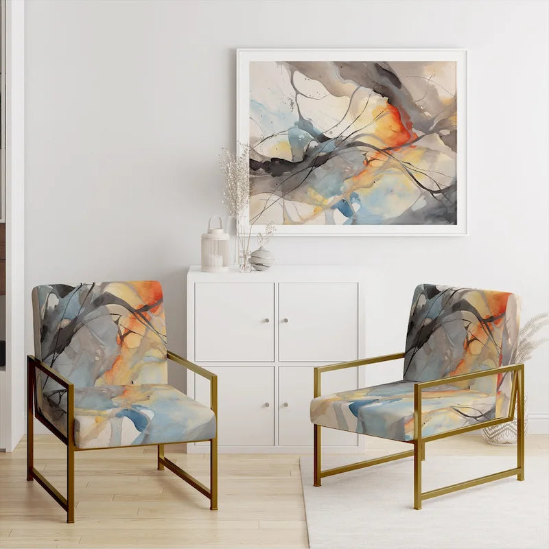 Designart Marble Serenity Colorful Gray Watercolor Waves I Upholstered Abstract Shapes Accent Chair and Modern Arm Chair