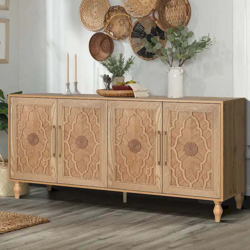 Carved Flower Door Large Storage Cabinet Sideboard Buffet