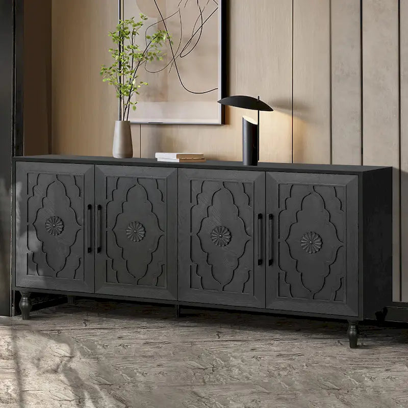 Carved Flower Door Large Storage Cabinet Sideboard Buffet