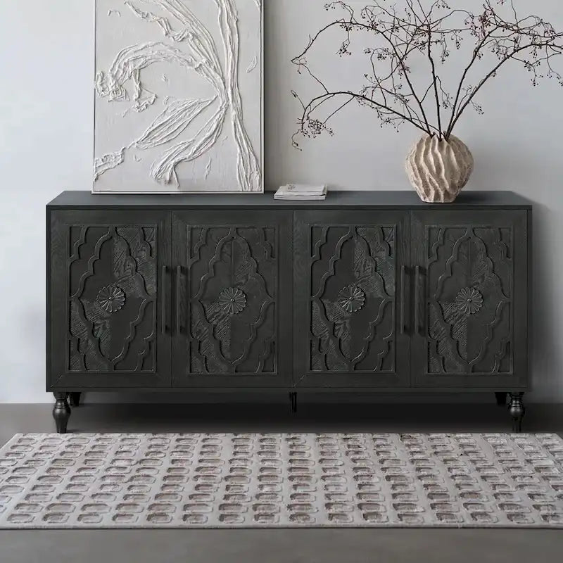 Carved Flower Door Large Storage Cabinet Sideboard Buffet