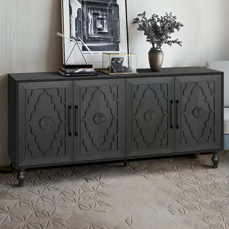 Carved Flower Door Large Storage Cabinet Sideboard Buffet