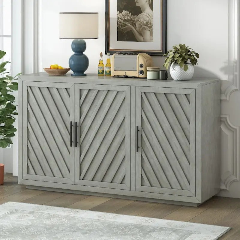 3-Door Large Storage Retro Sideboard with Adjustable Shelves and Black Handles