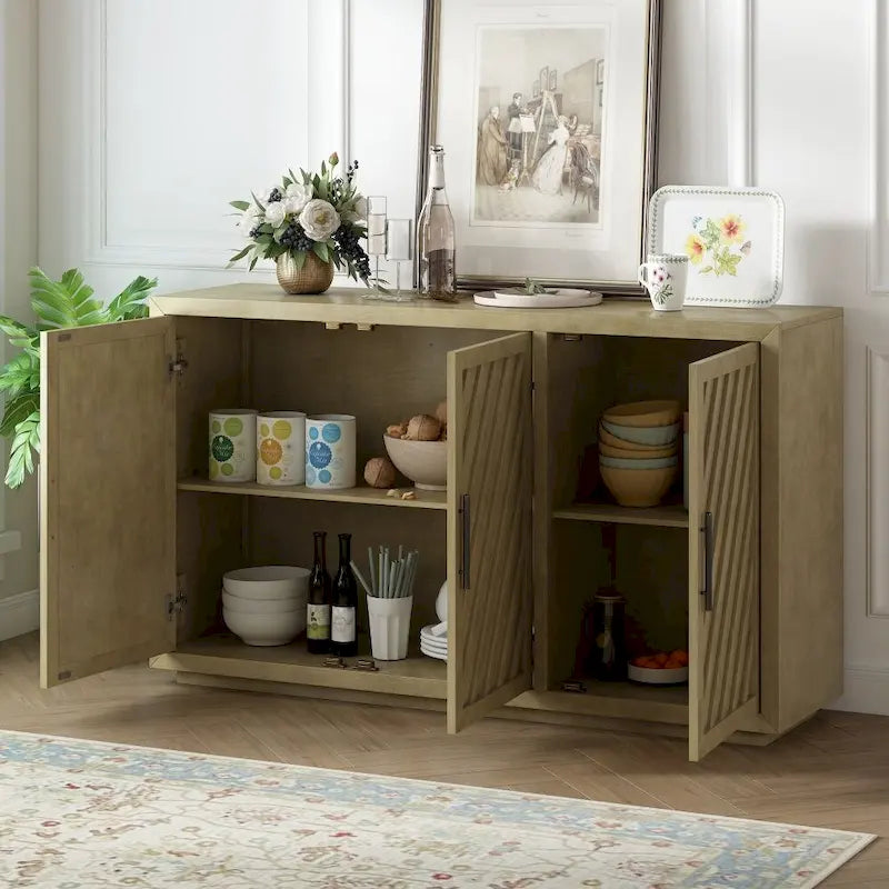 3-Door Large Storage Retro Sideboard with Adjustable Shelves and Black Handles