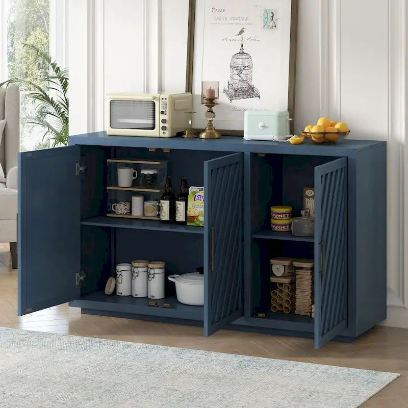3-Door Large Storage Retro Sideboard with Adjustable Shelves and Black Handles