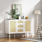 Aparador/Móvel de Sala Moderno de Meados do Século 47.2 W com 2 Portas, Branco, Rattan, Armário de Arrumação com Gavetas